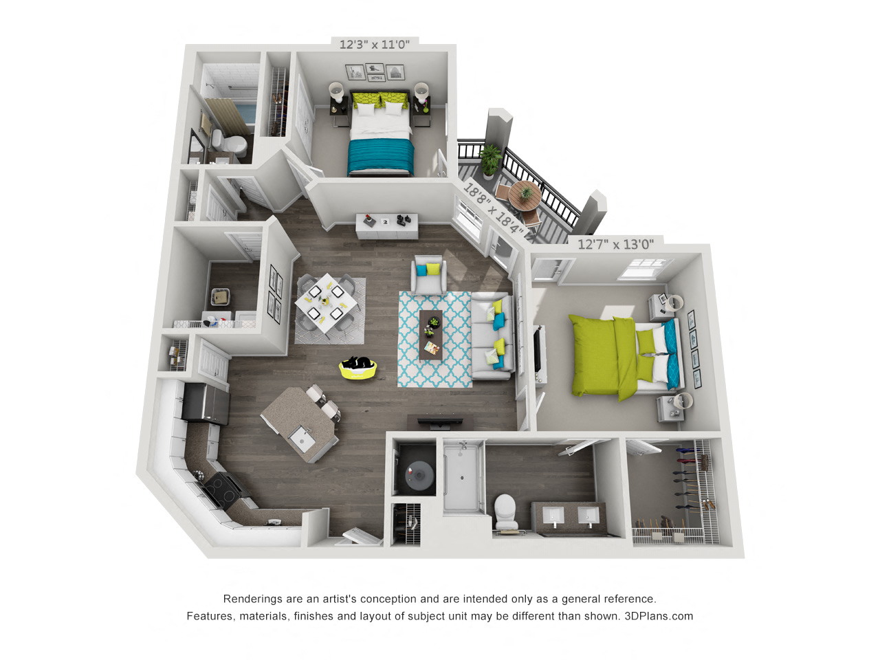 Floor plan for 2 beds, 2 baths, 1138 sqft